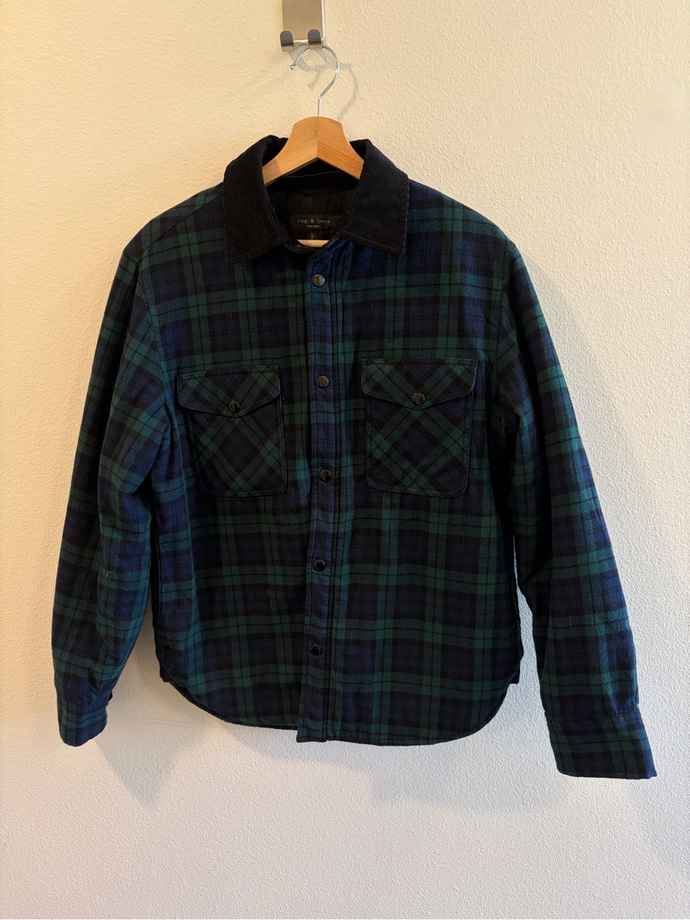 rag & bone Blue and Green Plaid Padded Corduroy-Collar Jacket